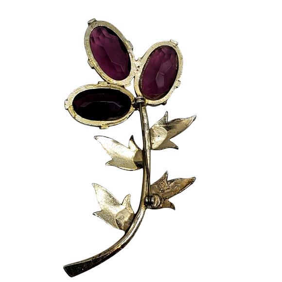 Purple Flower Brooch Gold Tone Vtg Amethyst Glass Stone Green Enamel Pin Retro - Picture 2 of 9